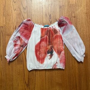 Alice + Olivia orchid print silk long sleeve blouse size S